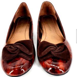 Bella Vita Flat Womens 7W Brown Animal Print Fabric Bow Patent Leather Shoes
